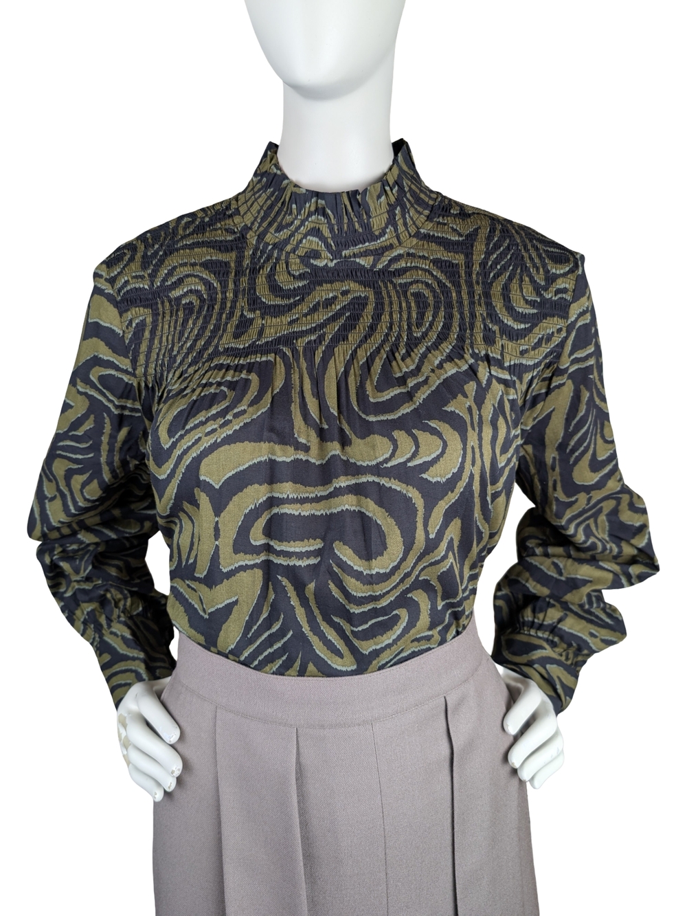Scotch & Soda Voyage Shirred Mock Neck Blouse Boho Artsy Black And Olive Size L